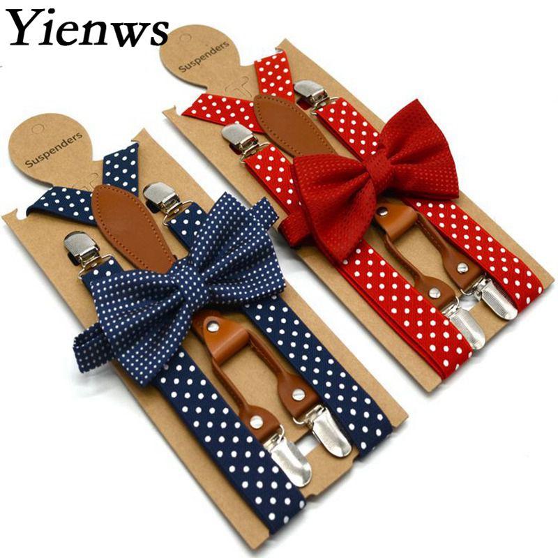 Yienws-Suspensórios de gravata borboleta para homens e mulheres, 4 Clip de couro, suspensórios bowtie adultos para calças, vermelho marinho YiA119