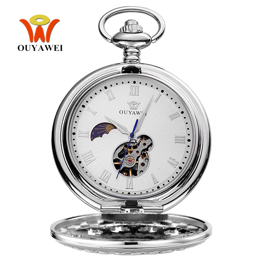 Luxo oyw mão enrolamento mecânico prata relógio de bolso masculino esqueleto dial aço colar corrente pingente vestido vintage fob relógios