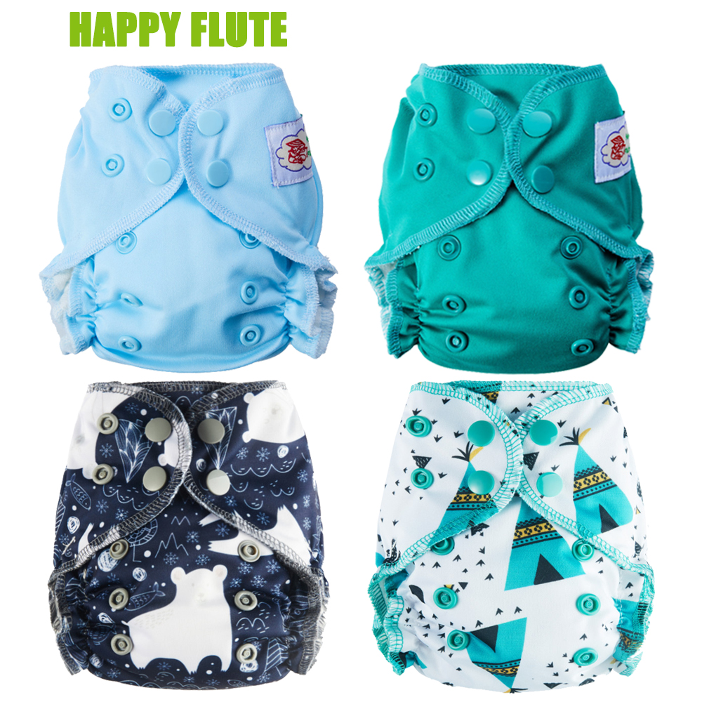 Happy Flute AIO Fraldas de pano de algodão reutilizáveis para bebês recém-nascidos, tudo em um, fraldas ecológicas NB / M, reforços duplos, cabem em bebês de 3 a 5 kg