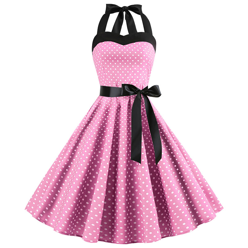 Vestido sexy retro blanco de lunares Hepburn Vintage Halter vestido de fiesta 50s 60s Pin Up Rockabilly Robe