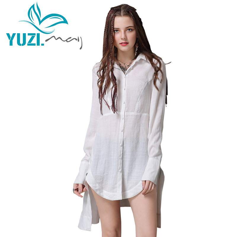 Yuzi.may boho-女性用コットンとリネンのブラウス,タートルネックの長袖シャツ,非対称の裾,新しいコレクション2018