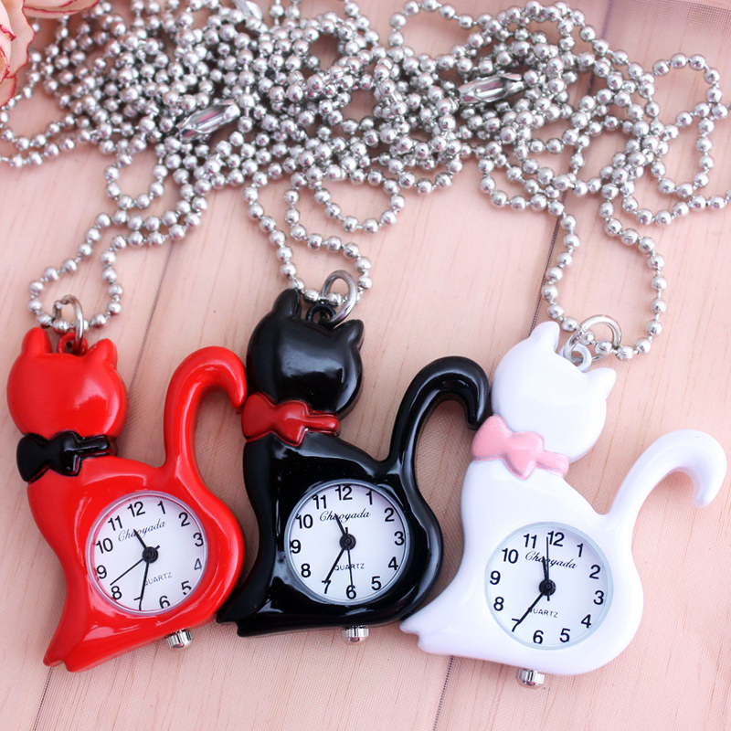 2025 CYD crianças senhoras mulheres lindo gato relógios de bolso crianças colar jóias chaveiros luxo quartzo fob relógios reloj mujer