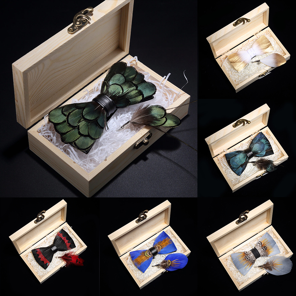KAMBERFT design fait à la main plume noeud papillon broche boîte en bois ensemble de haute qualité hommes noeud papillon en cuir pour banquet de fête de mariage