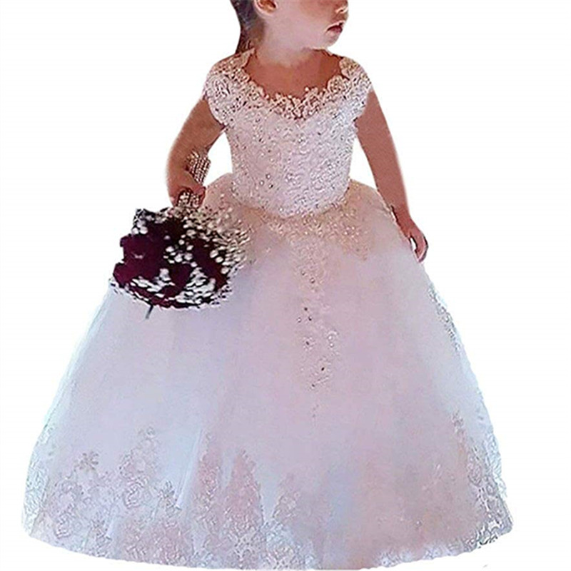 Vestido de baile sin mangas para niña, vestidos de princesa con flores, apliques con cuentas, impresionante, bonito vestido de primera comunión blanco