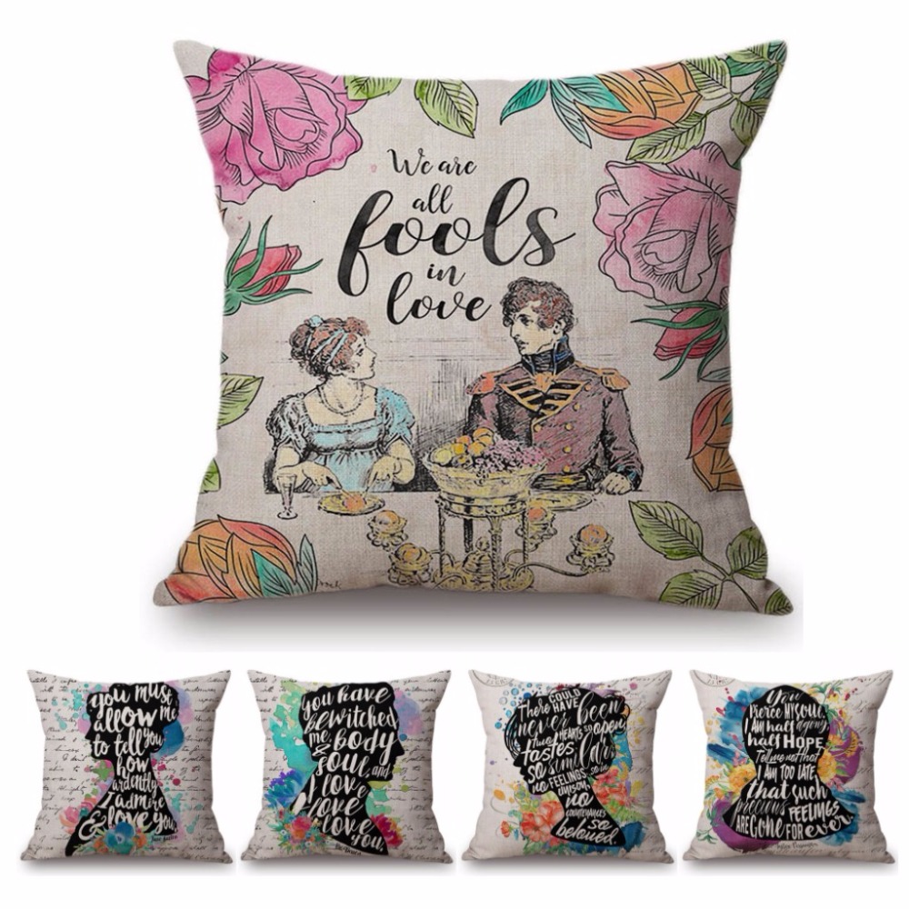 Jane Austen-funda de almohada cuadrada de lino y algodón para sofá, cubierta de cojín con estampado de letras, estilo nórdico Floral, 18 pulgadas