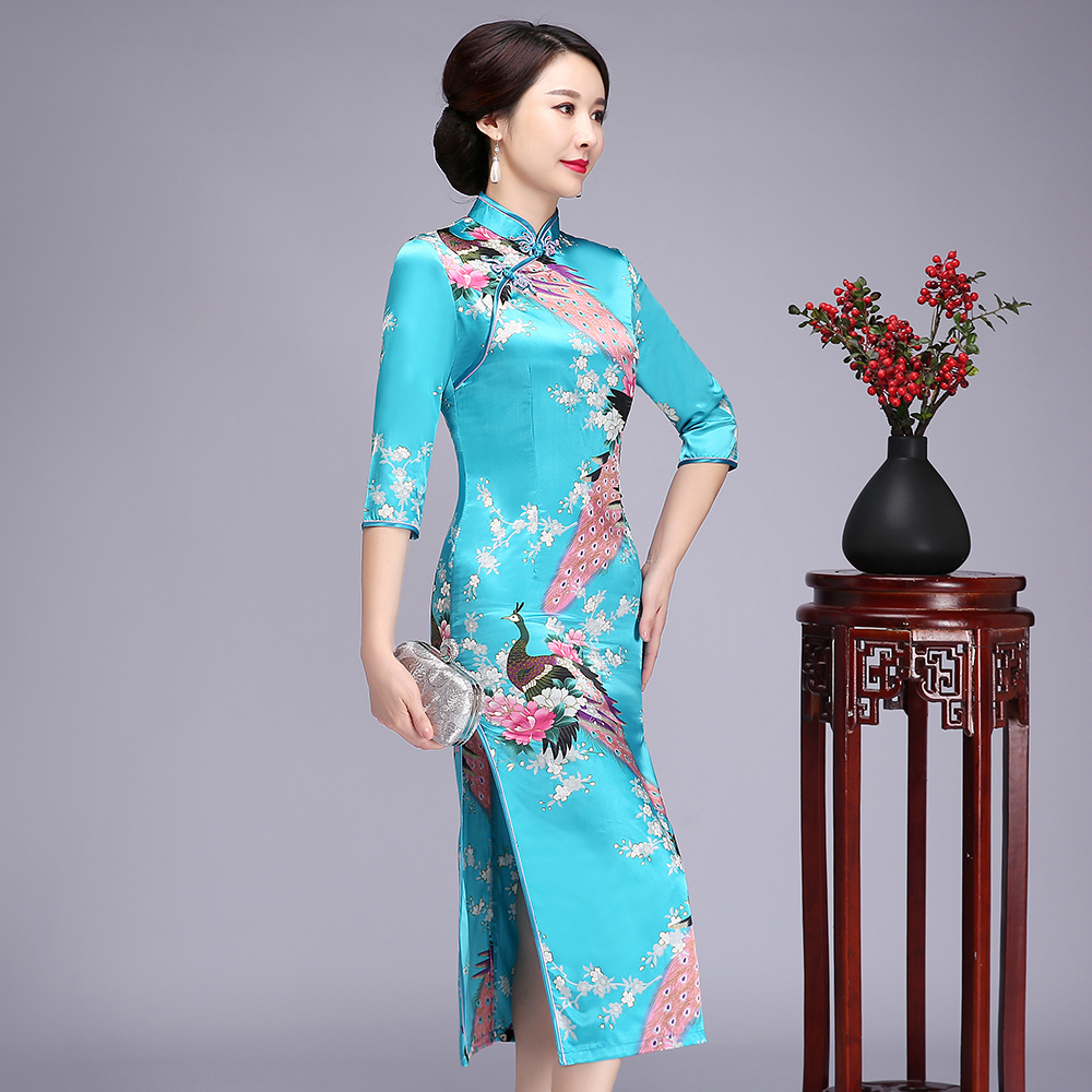 Floral&Peacock Chinese Lady Plus Size Qipao S-6XL Elegant 3/4 Sleeve High Qplit Cheongsam Print Rayon Traditional Dress Gown