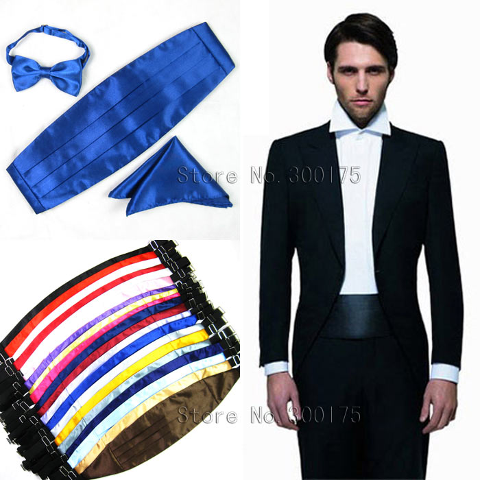 Mens Classic  Cummerbund  Satin Elastic Bellyband Tuxedo Cummerbund Bowtie Hanky Handerchif Set Formal Wedding Party Waist Band