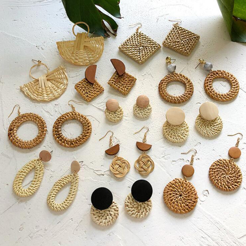 Brincos geométricos artesanais para mulheres, grande oco, vime quadrado, tecido de palha, nova moda, Coréia, 2019