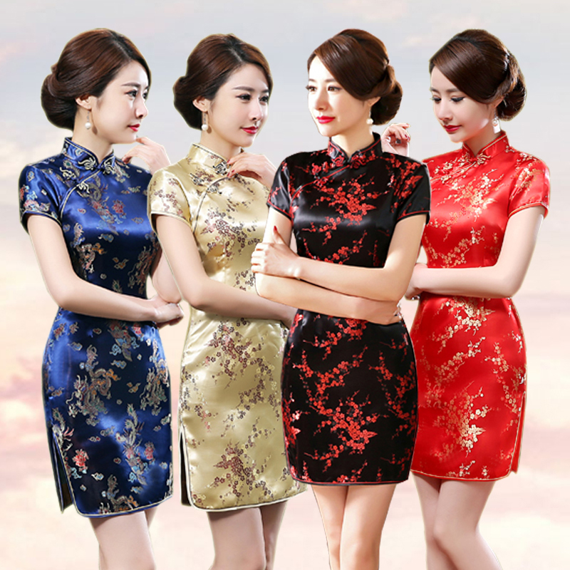 Velha tradição shanghai qipao elegante feminino realizar formal cheongsam oversize 6xl gola mandarim vestido curto sexy vestidos