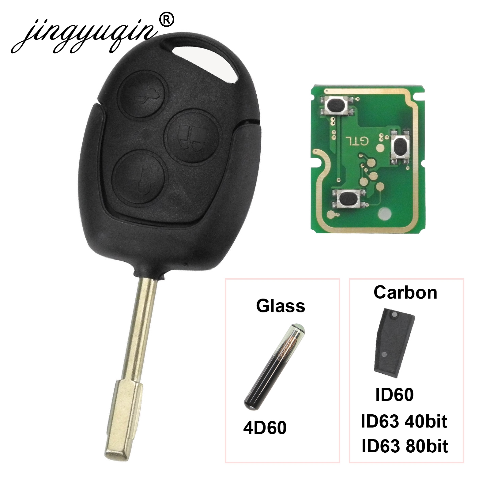 Jingyuqin 3 botões remoto chave fob 315 mhz 433 4d60 id63 chip para ford mondeo foco fusão fiesta galaxy trânsito completo chave do carro