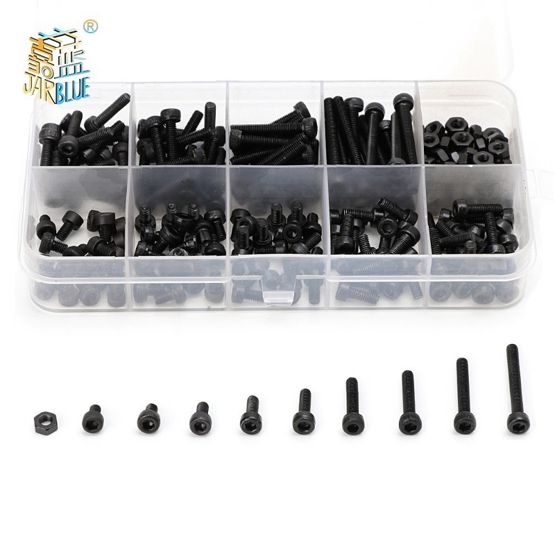300 unids/set negro Din912 M2 M2.5 M3 perno Allen hexagonal cabeza redonda tornillo y tuerca surtido Kit