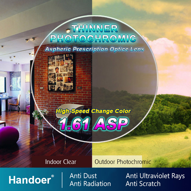 Handoer 1.61 Photochromic Satu Visi Optik Resep Lensa Cepat Perubahan Warna Sensitif Terhadap Cahaya Koreksi Penglihatan Lensa