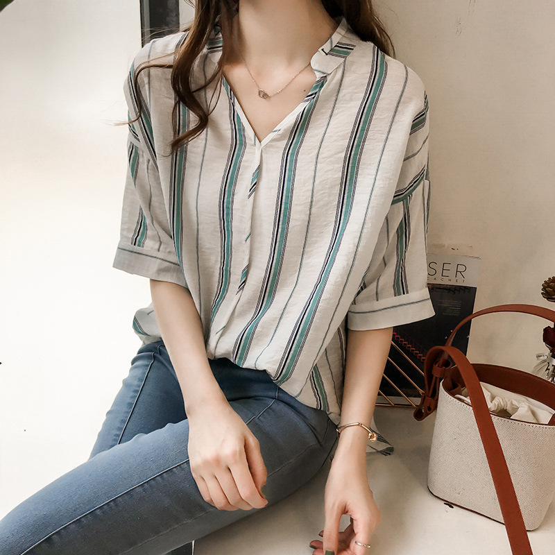 女性のバットスリーブシャツ,vネック,ストライプ,半袖,カジュアル,韓国のファッション,シックな夏服,h9005