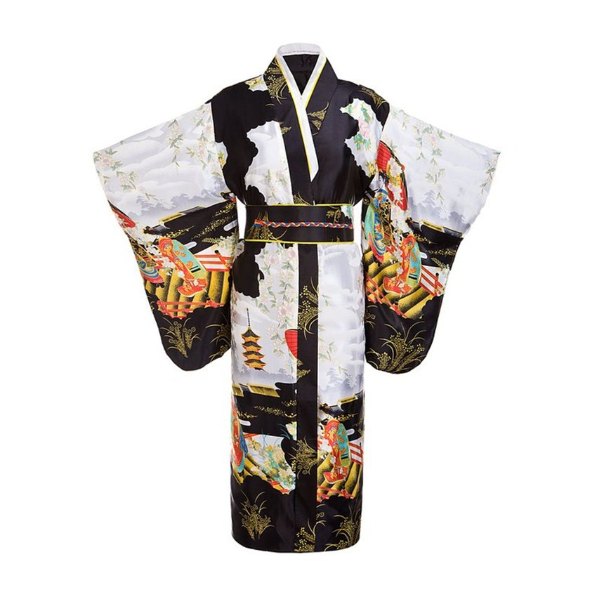 Schwarz Frau Dame Japanischen Tradition Yukata Kimono Mit Obi Blume Vintage Abendkleid Cosplay Kostüm Eine größe ZW01