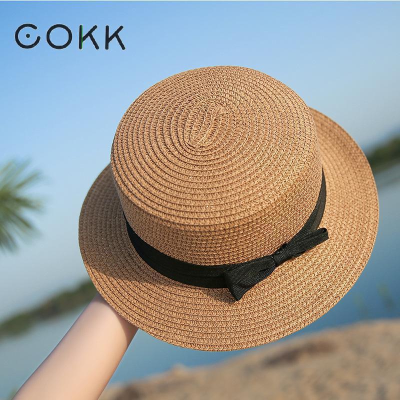 COKK Панама, простая летняя пляжная шляпа, женская повседневная женская соломенная кепка с плоскими полями и бантом для девочек, шляпа от солнца Chapeu Feminino