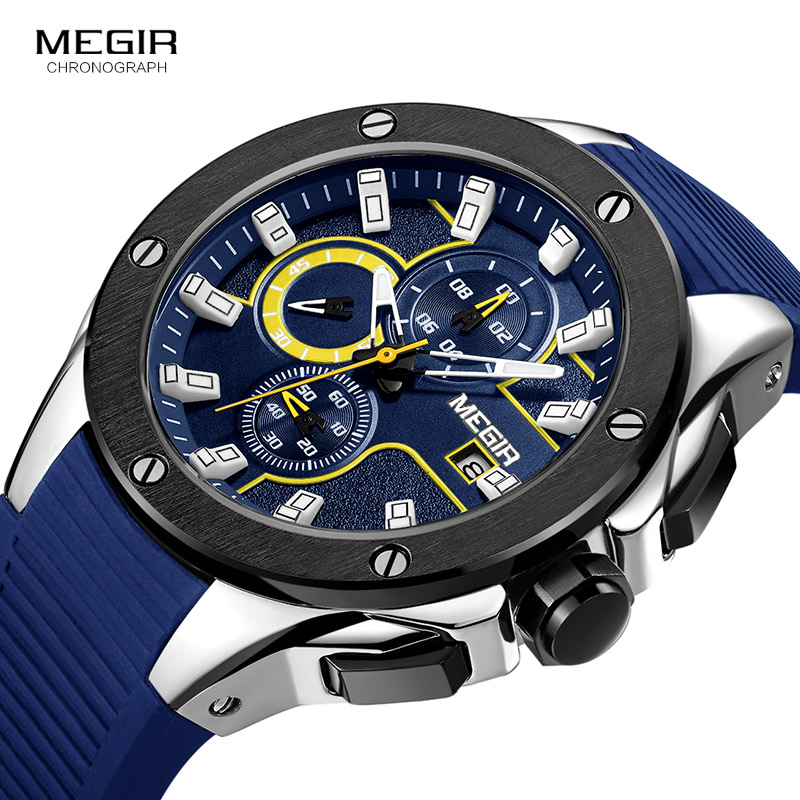 MEGIR-reloj analógico con correa de silicona para hombre, accesorio de pulsera resistente al agua con cronógrafo, complemento masculino deportivo de marca de lujo con diseño militar, disponible en color azul, 2053