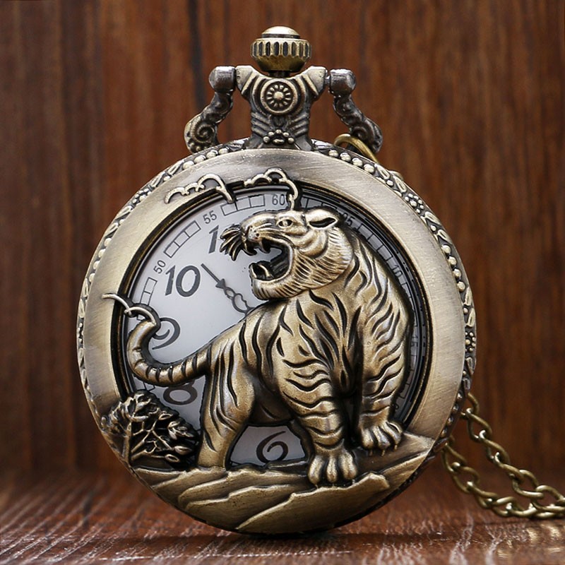 Bronze tigre oco relógio de bolso de quartzo colar pingente das mulheres dos homens presentes reloj de bolsillo dropshipping