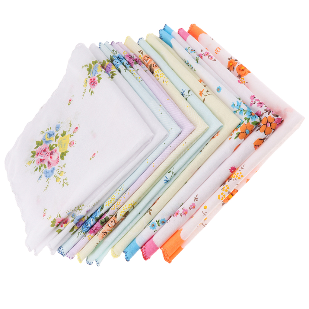 10x lenço feminino estampado de algodão lenço de bolso quadrado flor design com borda ondulada lenços femininos