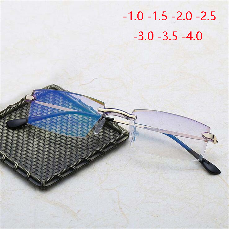 -1 -1.5 -2 -2.5 -3 -3.5 -4.0เพชรตัดสไตล์ Rimless สายตาสั้นแว่นตา Anti-Blue Light สายตาสั้นแว่นตาผู้หญิง