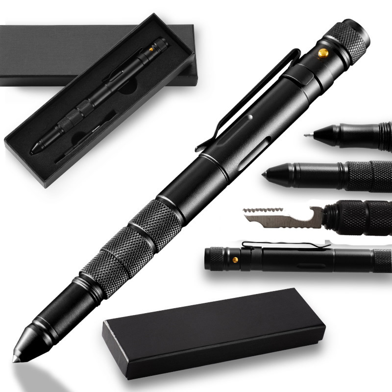 Multifunktions-Selbstverteidigung taktischer Stift Notfall Taschenlampe Strobe Flaschen öffner Glas brecher wasserdichter Aufbewahrung koffer