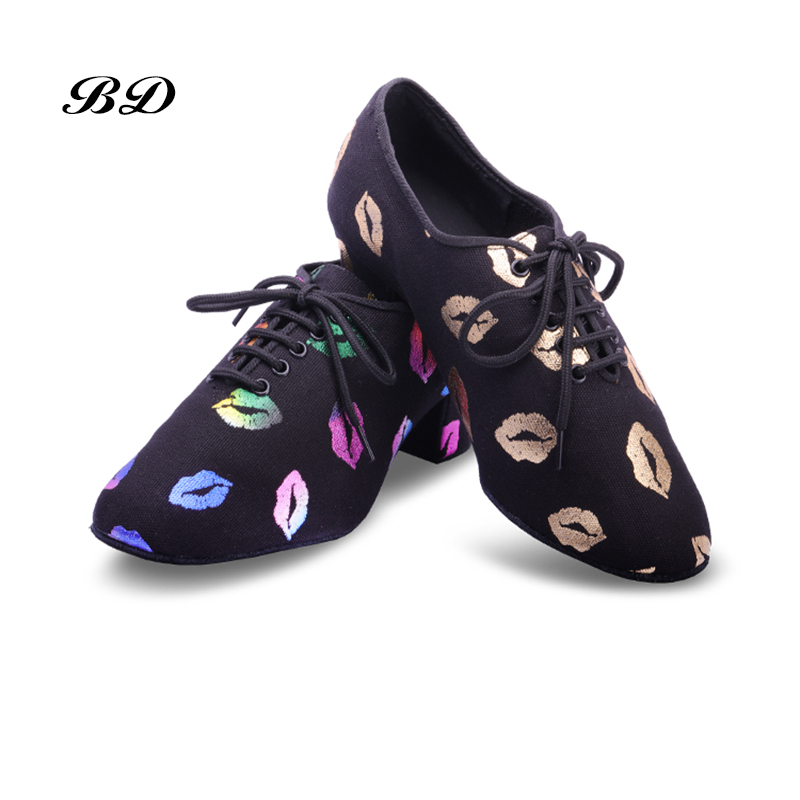 Zapatillas de deporte, zapatos de baile latino para mujer, zapatos de profesor BD t1 auténticos, lona, tacón negro, 4,5 cm, labios rojos, tela Oxford, bolsas gratis
