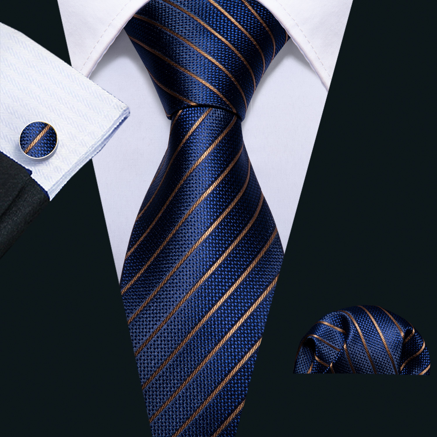 Gravata masculina dourada azul marinho listrada de seda Barry.Wang 3.4 "jacquard festa de casamento tecido designers de moda gravata para homens de negócios