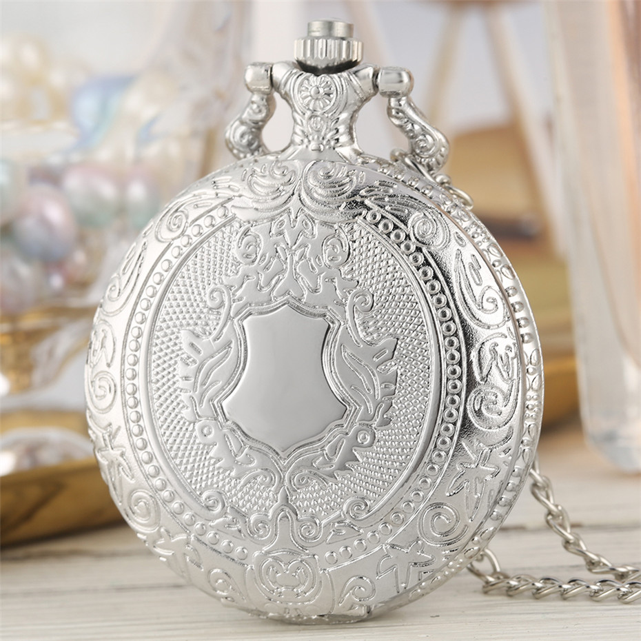 Elegante Vintage Schild Relief Muster Quarz Anhänger Taschenuhr Steampunk Retro Halskette Anhänger Uhr Geschenke für Männer Frauen