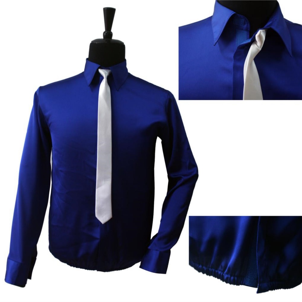 Dance King Michael Jackson Smooth Criminal Bule Shine Shirt & Tie Thread Gluing Performance Halloween Showkleding Geen knoop