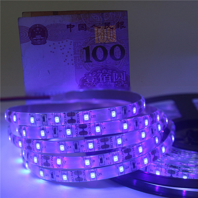 Tira de luz negra LED UV ultravioleta de 12V impermeable IP65 pesca nocturna 395nm 60leds/m 2835 SMD blanco/negro PCB luces de tira LED
