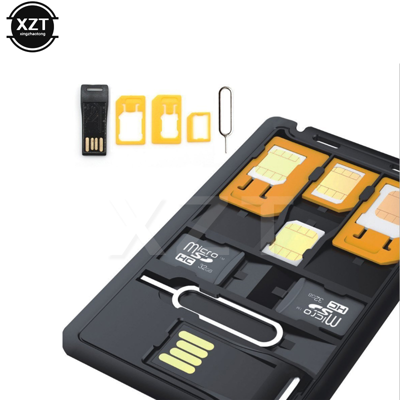 Preto 5 em 1 universal mini adaptador de cartão sim kits de armazenamento para nano micro cartão sim titular do cartão de memória leitor capa conector