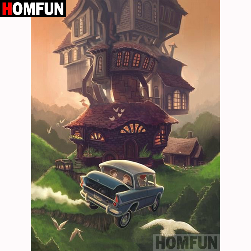 HOMFUN-pintura de diamante redondo/cuadrado completa, cuadro artesanal 5D, "casa del coche", bordado de diamantes 3D, punto de cruz, decoración del hogar A18690