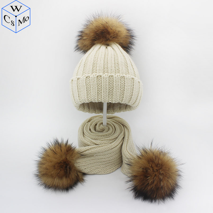 New Arrive Winter Kids Hat&Scarf Natural Real Raccoon Fur Pompom 3pcs Pom pom Beanies Children' Warm Scarf Hats 1-8 Years Old