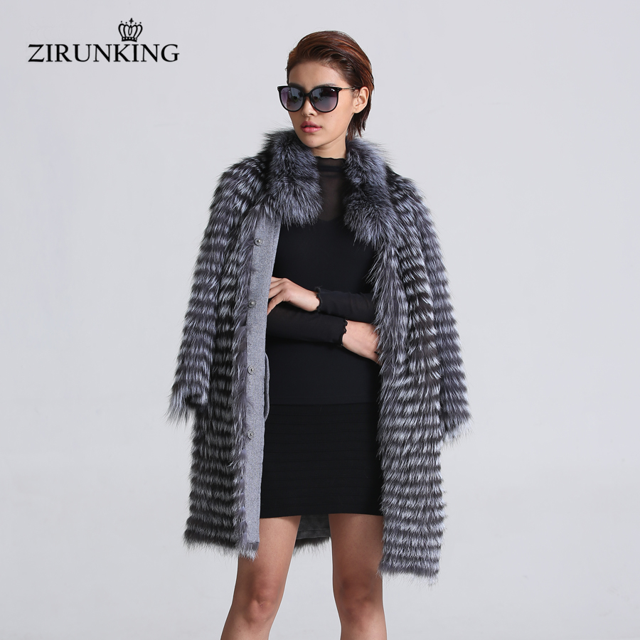 ZIRUNKING ニットリアルシルバーキツネの毛皮のコートファッション毛皮ジャケットストライプスタイルの衣装女性キツネの毛皮秋 ZCW-02YL