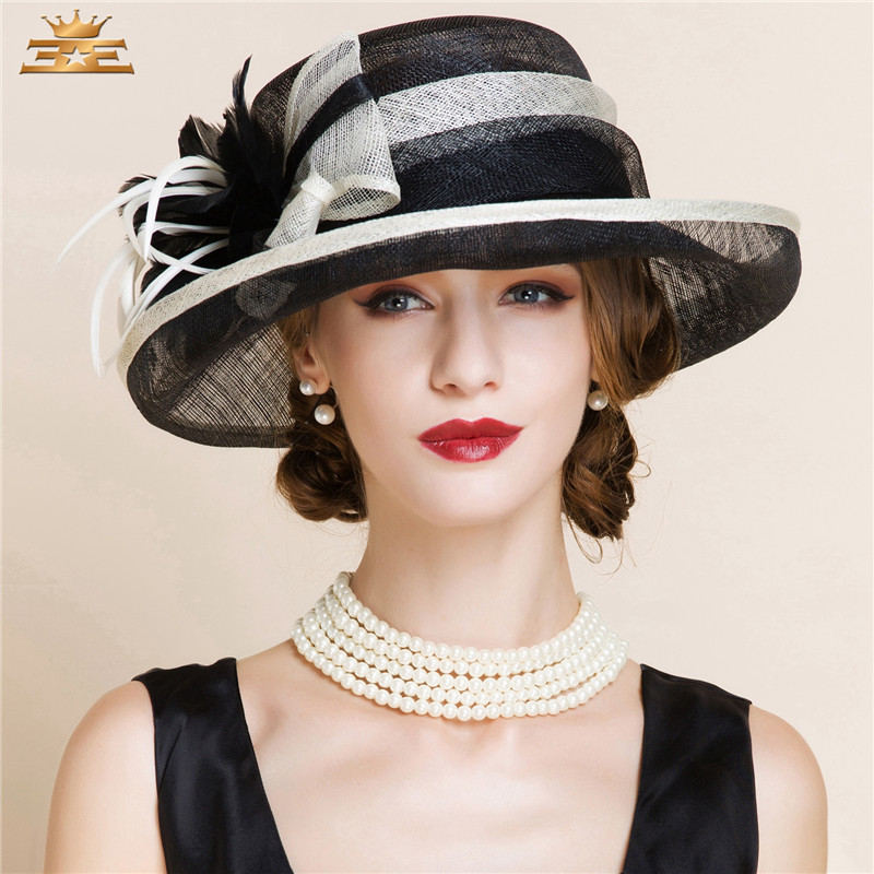Chapeau Fedora en lin noir et blanc pour femmes, élégant, mode dame, tongs, large bord, Cloche, été B-8150