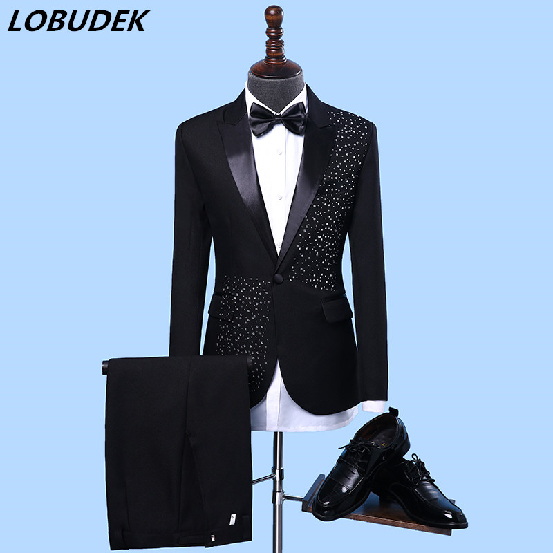 Abiti da uomo per adulti Costume di scena Matrimonio sposo abbigliamento sottile Host Party Blazer Spettacolo musicale di gruppo Bar Cristalli abito slim