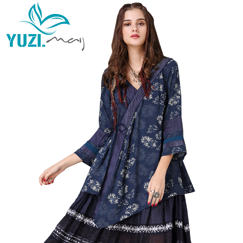 Yuzi.may boho-女性用コットンとポリエステルのブラウス,vネックの非対称フローラルプリント生地,コード付き,新しいコレクション2018,b9236