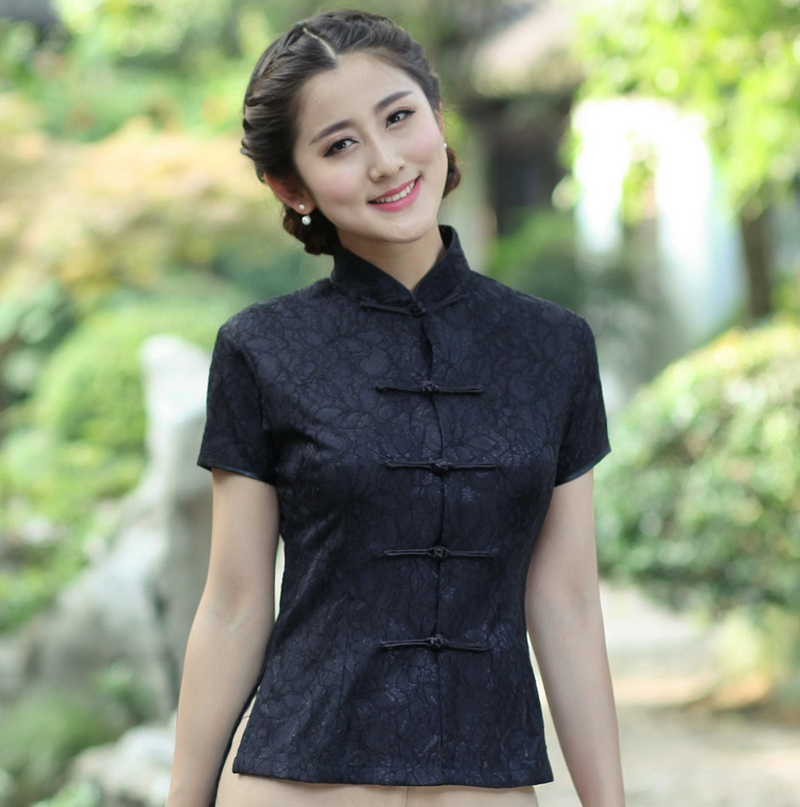 Chemisier à manches courtes en dentelle pour femmes, Sexy, noir, Vintage, boutons, chinois, col Mandarin, M, L, XL, XXL, XXXL, 2520-1