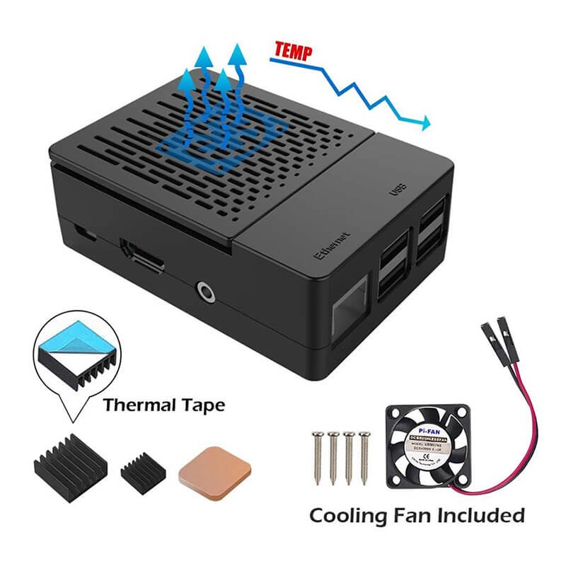 Zestaw wielofunkcyjny Elecrow do obudowy Raspberry Pi 3B+ z wentylatorem chłodzącym + aluminiowe radiatory Czarna obudowa do Raspberry Pi 3/2/B+