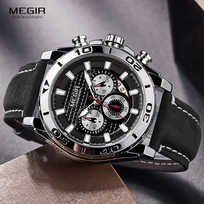 Relojes MEGIR de cuarzo con cronógrafo deportivo militar para hombre, correa de cuero, reloj de pulsera luminoso resistente al agua, reloj para hombre 2094 plateado