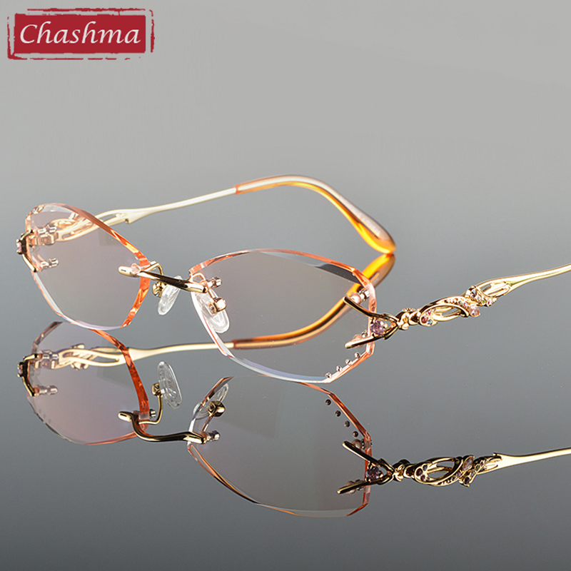 Chashma Luxury เลนส์สายตาสั้นแว่นตาแว่นตาเพชรตัด Rimless กรอบแว่นตา TITANIUM กรอบแว่นตาสำหรับผู้หญิง