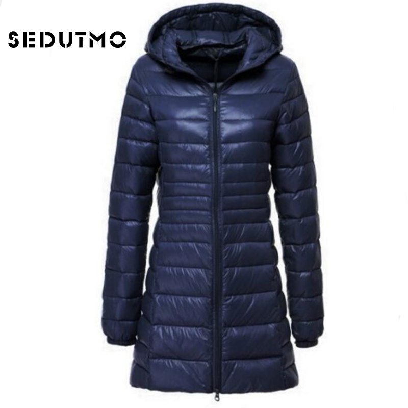 SEDUTMO Frühling Ultraleichte Damen Daunenjacken Entendaunenmantel Lange Pufferjacke Dünner Kapuzenmantel ED123