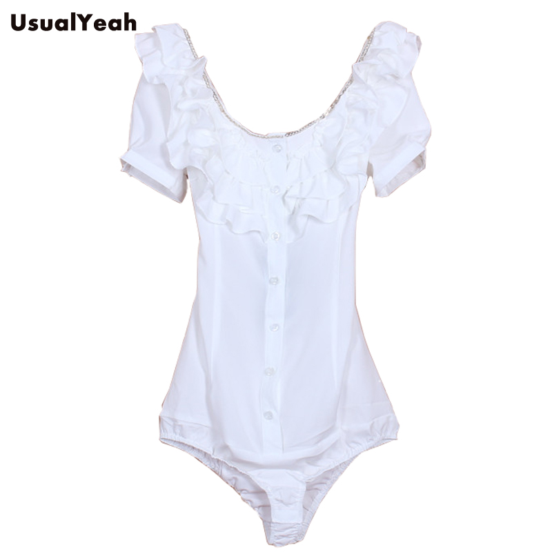 Blusa de manga corta para mujer, camisa de cuerpo con volantes y cuello redondo, diseño de cadenas de metal, S-M-L-XL SY0201