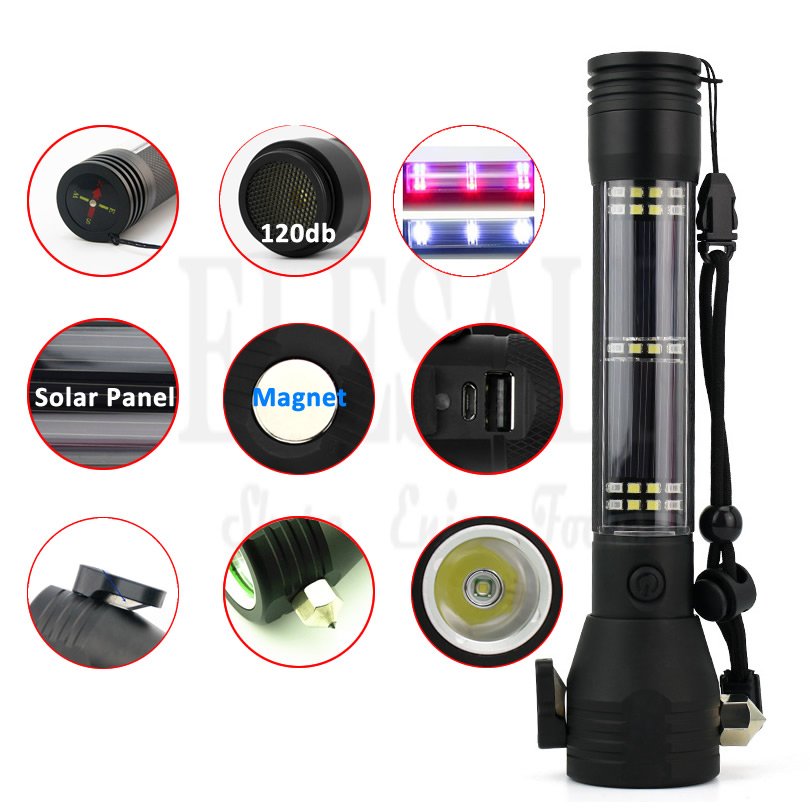 Linterna de autodefensa multifunción con energía Solar para coche, luz Led estroboscópica de supervivencia al aire libre, interruptor de vidrio de emergencia, alarma de 120dB