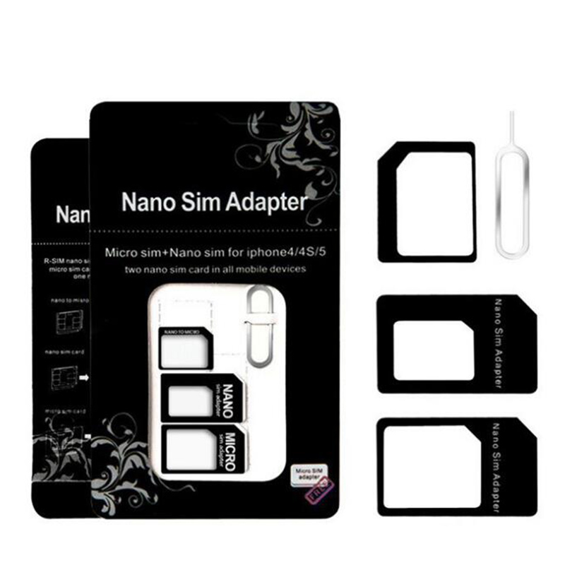 อะแดปเตอร์Nano SIM Card 4 In 1 Micro Simอะแดปเตอร์Eject Pinแพคเกจค้าปลีกสำหรับiPhone 5/5S/6/6S/Samsung