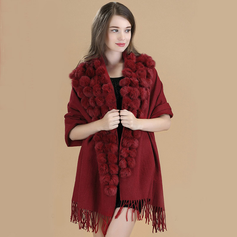 ใหม่ของผู้หญิงที่มีคุณภาพสูงเบอร์กันดีขนกระต่ายขน100% ของ Pashmina กับผ้าคลุมไหล่ดีพู่หนาผ้าพันคอผ้าคลุมไหล่ขนแกะแฟชั่นที่อบอุ่น