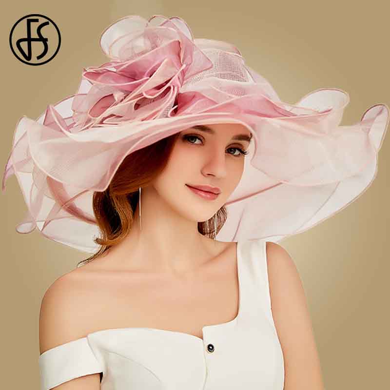 Fs rosa kentucky derby chapéu para mulheres organza chapéus de sol flores elegante aba larga senhoras casamento chá festa igreja fedoras chapéu