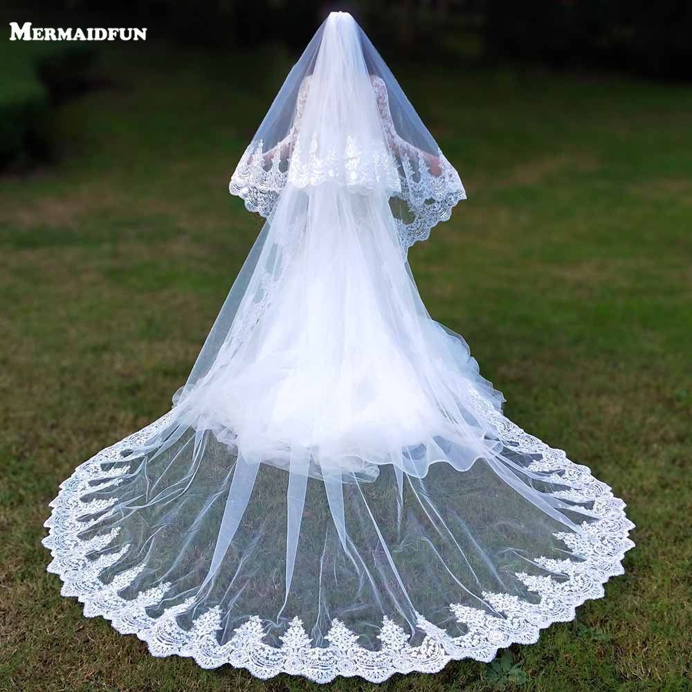Customized Real Photos 2 Layers Sequins Lace Cathedral Woodland Wedding Veils with Comb 3M Long White Ivory 2 T Bridal Veils