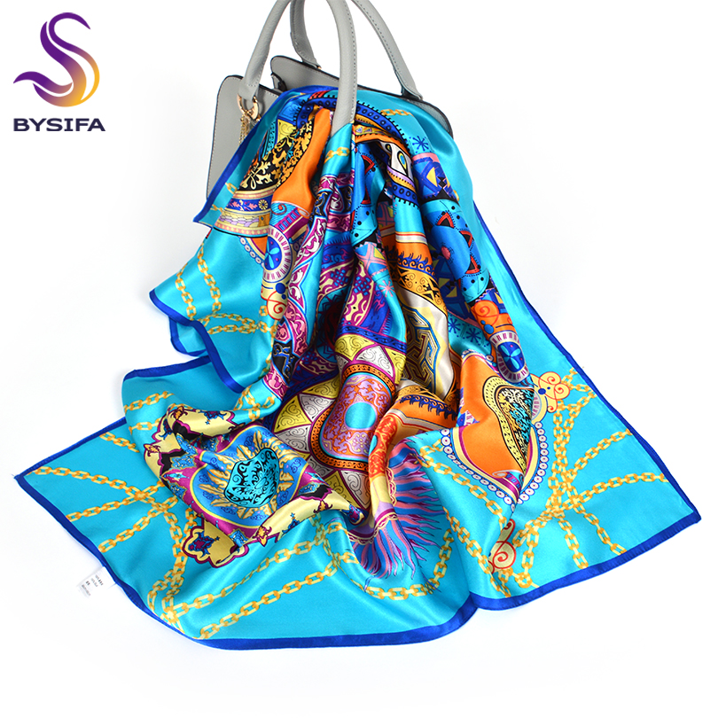 [BYSIFA] Wanita Berjaga-jaga Syal Baru 100% Sutra Syal Fashion Merek Mewah Murni Sutra Biru Syal Selendang Musim Semi Musim Gugur musim dingin Syal 88x88cm