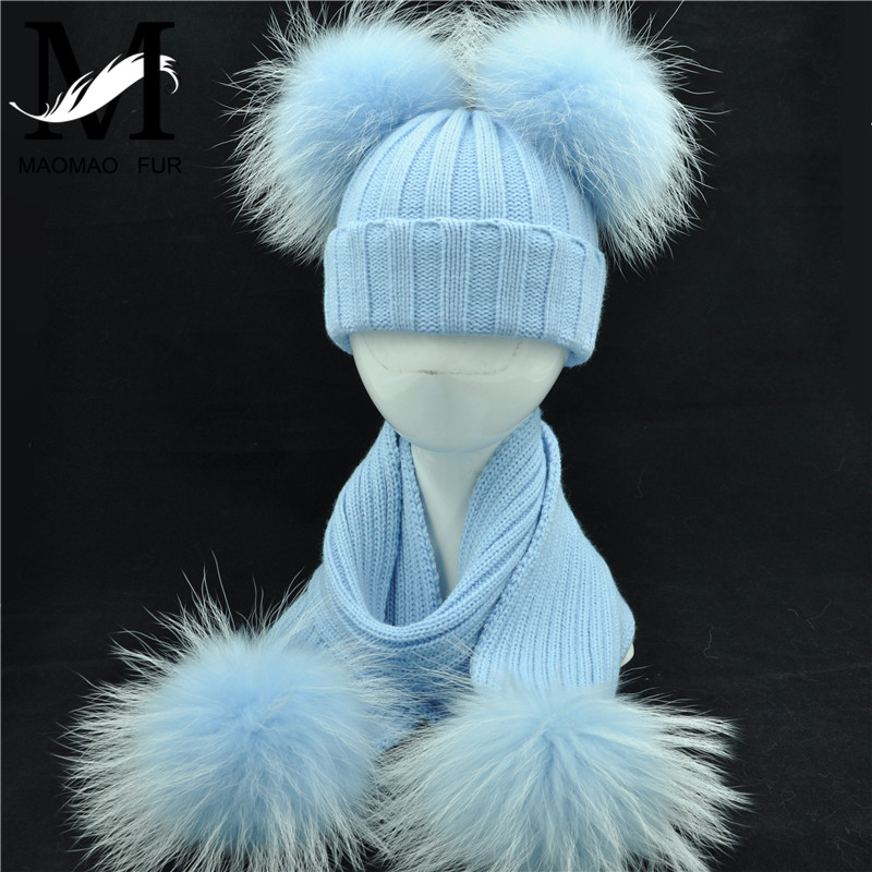 Winter Echtpelz Schal und Hut Set Kinder Große Echte Waschbären Pelz Bälle Hut Doppel Pelz Pom Pom Beanies Kinder Mädchen Warme Schal Kappe