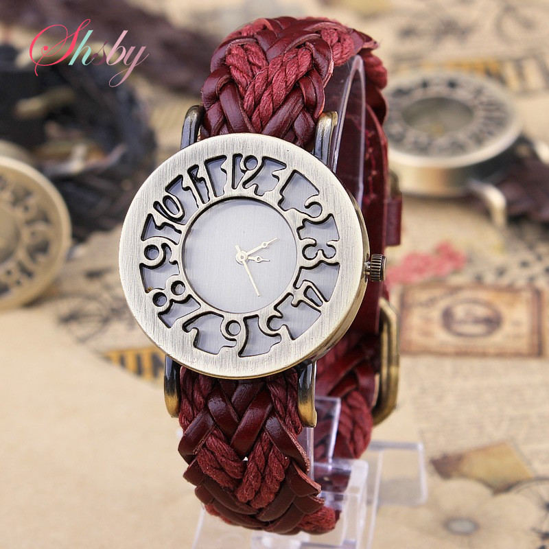 Shsby nuevo estilo romano Vintage Digital ahueca hacia fuera la correa de cuero tejida a mano de vaca genuina relojes de vestir para mujer